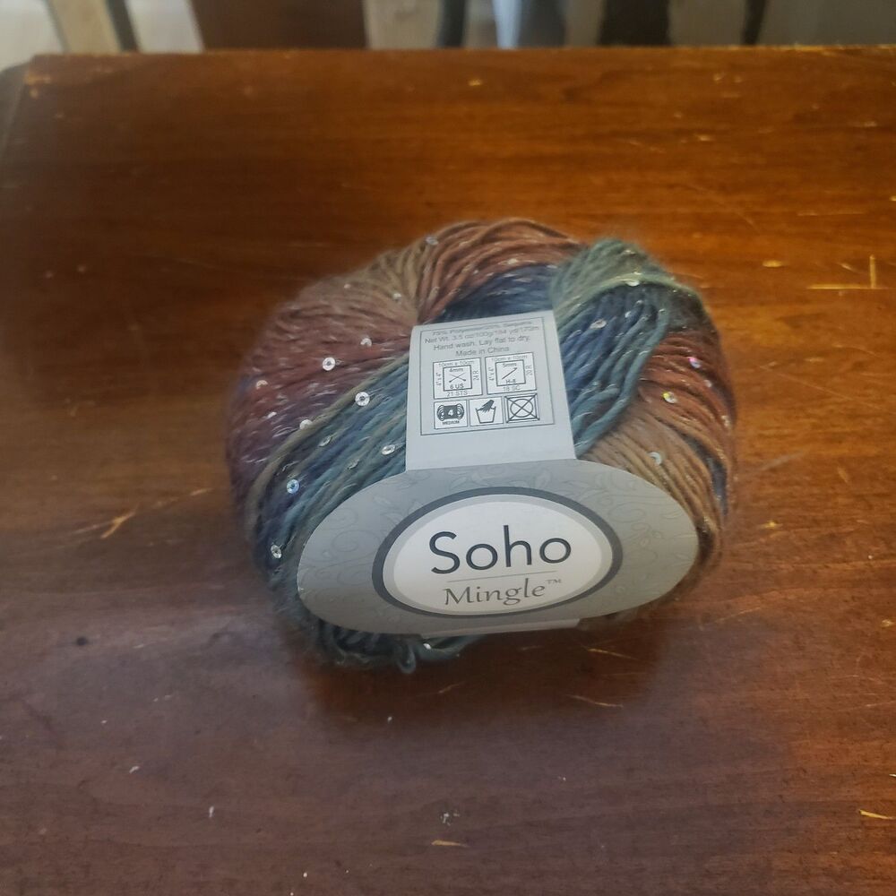NEW SOHO Mingle yarn variegated yarn-blue, green, brown, tan w sequins 1 skein